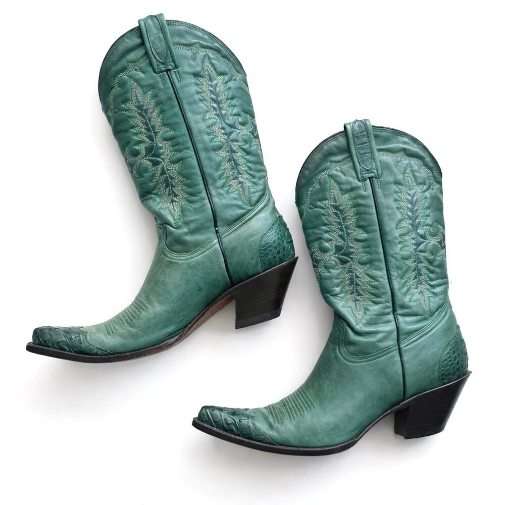 Mezcalero Teal Western Boots with Exotic Toe + Tooled Soles, Rare Jewel Tone